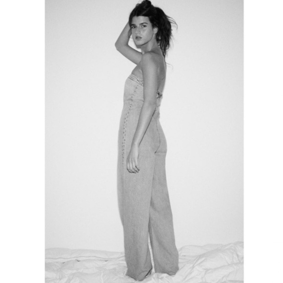 Zara TRF STRAPLESS DENIM JUMPSUIT Blogger Fav Wide Leg - Picture 5 of 15